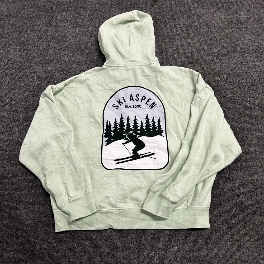 Pink Hoodie Womens Size L Green Ski Aspen Graphic Pullover Pocket Casual Rip - Picture 6 of 7